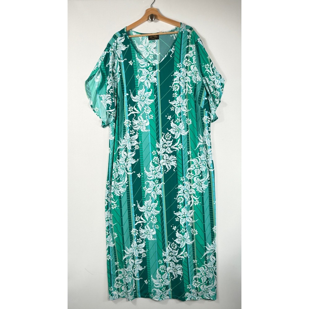 Bob Mackie Maxi Dress Womens 3X Green Floral Geometric Art Deco Coastal Retro